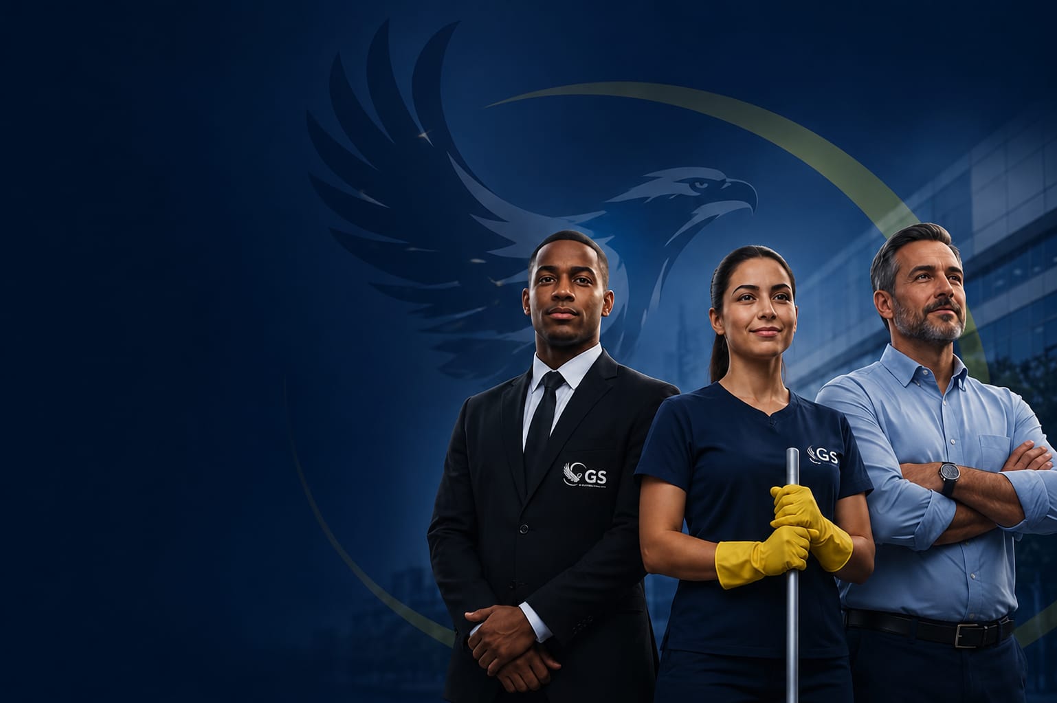 Equipe GS — profissionais uniformizados de portaria, limpeza e recepção